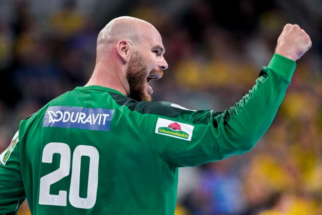 Mike Jensen goalkeeper, RNL, 20 , Rhein Neckar Löwen player, single picture, single photo, action, cheer, cheers, celebration, joy, happy, rejoice, confident, optimistic, positive, game scene, 01 05 2026, Mannheim Germany , Handball, Bundesliga, Rhein Neckar Löwen MT Melsungen xozx