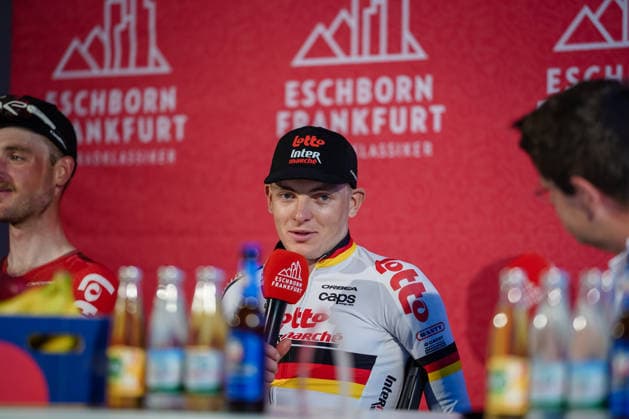 Press conference Georg Zimmermann wins the Eschborn Frankfurt cycling classic 01 05 26 Georg Zimmermann wins the Eschborn Frankfurt cycling race First German winner since Pascal Ackermann 2019 and John Degenkolb 2011 Frankfurt Alte Oper Hessen Germany 1000155891