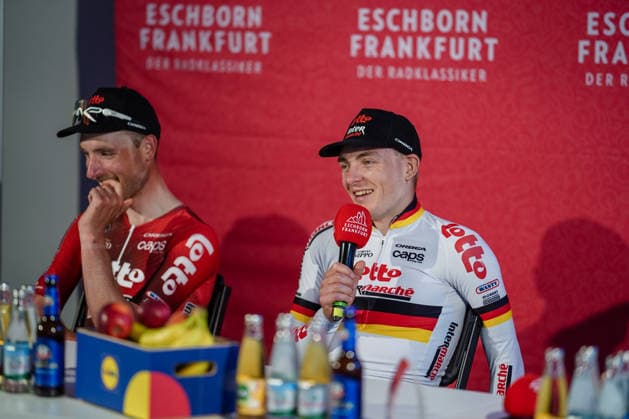 Press conference Georg Zimmermann wins the Eschborn Frankfurt cycling classic 01 05 26 Georg Zimmermann wins the Eschborn Frankfurt cycling race First German winner since Pascal Ackermann 2019 and John Degenkolb 2011 Frankfurt Alte Oper Hessen Germany 1000155899