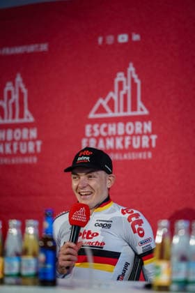 Press conference Georg Zimmermann wins the Eschborn Frankfurt cycling classic 01 05 26 Georg Zimmermann wins the Eschborn Frankfurt cycling race First German winner since Pascal Ackermann 2019 and John Degenkolb 2011 Frankfurt Alte Oper Hessen Germany 1000156326