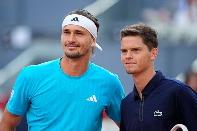 May 1, 2026, Madrid, Madrid, Spain: Alexander Zverev of Germany and Alexander Blockx of Belgium pose for photo during the Mutua Madrid Open 2026 at La Caja Magica on May 01, 2026 in Madrid, Spain. Madrid Spain - ZUMAa181 20260501_zaa_a181_339 Copyright: xOscarxJ.xBarrosox
