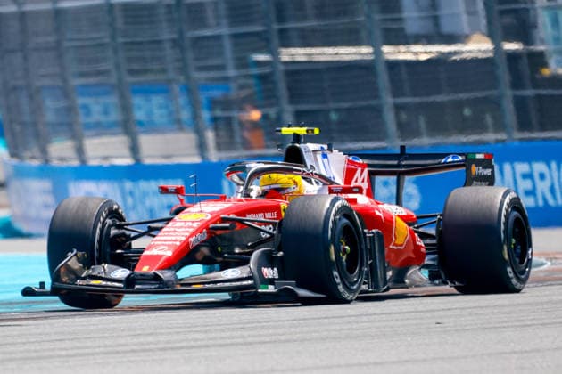 MIAMI GARDENS, FL - MAY 01: Lewis Hamilton of Great Britain and driver of the (44) Scuderia Ferrari HP race car is seen on the track during practice for the F1 Miami Grand Prix on May 01, 2026, at the Miami International Autodrome in Miami Gardens, Florida. (Photo by Chris Arjoon Icon Sportswire) AUTO: MAY 01 F1 Miami Grand Prix EDITORIAL USE ONLY Icon2605010010056