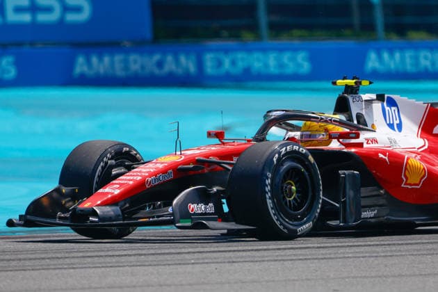 MIAMI GARDENS, FL - MAY 01: Lewis Hamilton of Great Britain and driver of the (44) Scuderia Ferrari HP race caris seen on the track during practice for the F1 Miami Grand Prix on May 01, 2026, at the Miami International Autodrome in Miami Gardens, Florida. (Photo by Chris Arjoon Icon Sportswire) AUTO: MAY 01 F1 Miami Grand Prix EDITORIAL USE ONLY Icon2605010010095