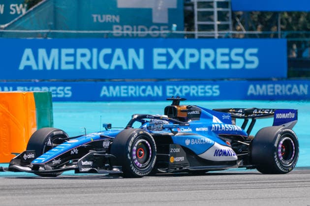 MIAMI GARDENS, FL - MAY 01: Alexander Albon of Thailand and driver of the (23) Atlassian Williams F1 Team race car is seen on the track during practice for the F1 Miami Grand Prix on May 01, 2026, at the Miami International Autodrome in Miami Gardens, Florida. (Photo by Chris Arjoon Icon Sportswire) AUTO: MAY 01 F1 Miami Grand Prix EDITORIAL USE ONLY Icon2605010010096