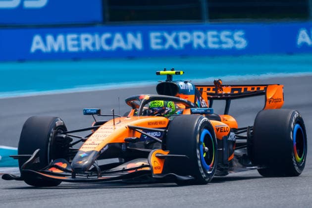 MIAMI GARDENS, FL - MAY 01: Lando Norris of Great Britain and the driver of the (4) McLaren Mastercard F1 Team race caris seen on the track during practice for the F1 Miami Grand Prix on May 01, 2026, at the Miami International Autodrome in Miami Gardens, Florida. (Photo by Chris Arjoon Icon Sportswire) AUTO: MAY 01 F1 Miami Grand Prix EDITORIAL USE ONLY Icon2605010010099
