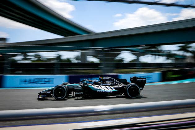 (63) George Russell (GBR) - Mercedes-AMG PETRONAS F1 Team - Mercedes W17 - Mercedes E Performance during the Formula 1 Crypto.com Miami Grand Prix 2026 at Miami International Autodrome in Miami Gardens, United States. Round 6 of the 2026 FIA Formula One World Championship, WM, Weltmeisterschaft held May 1-3, 2026. The Miami International Autodrome, located in the grounds of the Hard Rock Stadium, hosts the sixth round featuring the Sprint format. This event weekend features the F1 Sprint format, with a Sprint Shootout and Sprint Race in addition to the standard qualifying session and Grand Prix. Formula 1 Crypto.com Miami Grand Prix 2026 - Round 6 - Miami International Autodrome F1-2026-R06-MIA