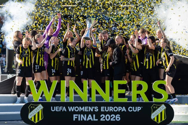 260501 Players of Häcken celebrate with the trophy after the UEFA Women s Europa Cup final between Häcken and Hammarby on May 1, 2026 in Göteborg Photo Michael Erichsen BILDBYRAN COP 89 DS0574 bbeng dam europa cup football fotball fotboll hammarby häcken soccer uefa womens europa cup jubel  Copyright: MICHAELxERICHSEN BB260501MI197