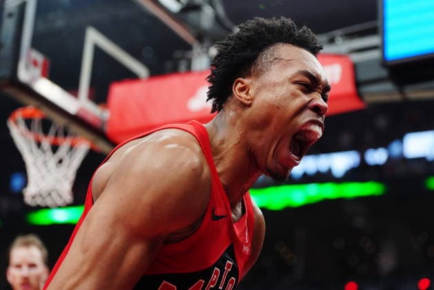 May 1, 2026, Toronto, On, Canada: Toronto Raptors Scottie Barnes (4) celebrates a play against the Cleveland Cavaliers during first half NBA, Basketball Herren, USA playoff basketball action in Toronto on Friday, May 1, 2026. Canada News - May 1, 2026  - ZUMAc35_ 20260501_zaf_c35_152 Copyright: xFrankxGunnx