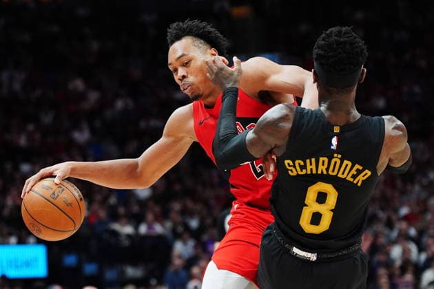 May 1, 2026, Toronto, On, Canada: Toronto Raptors Scottie Barnes (4) is fouled by Cleveland Cavaliers Dennis Schroder (8) during second half NBA, Basketball Herren, USA playoff basketball action in Toronto on Friday, May 1, 2026. Canada News - May 1, 2026  - ZUMAc35_ 20260501_zaf_c35_175 Copyright: xFrankxGunnx