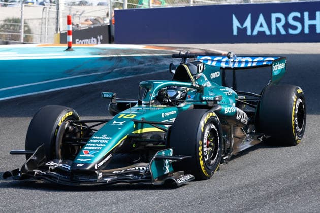MIAMI GARDENS, FL - MAY 01: Lance Stroll of Canada and driver of the (18) Aston Martin Aramco Formula One Team race car is seen on the track at the Sprint Qualifying during the F1 Miami Grand Prix, Miami Gardens, Florida, on May 1, 2026.(Photo by Chris Arjoon Icon Sportswire) AUTO: MAY 01 F1 Miami Grand Prix EDITORIAL USE ONLY Icon260501001267