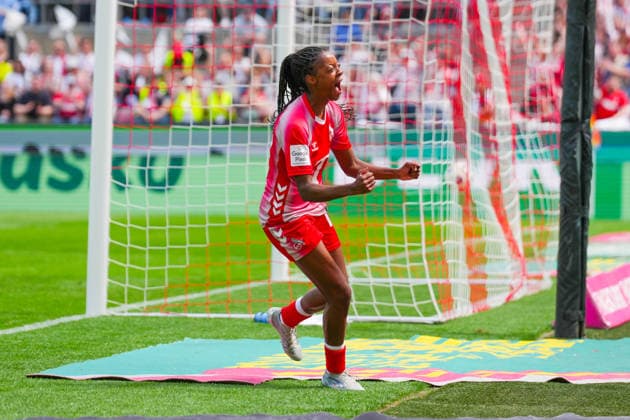 02 05 2026, xydrx, Women, Football, 1 Women Bundesliga, 1 FC Köln SV Werder Bremen, Season 2025 2026, RheinEnergieSTADION Goal celebration after the goal to 1 0 for FC Köln by scorer Lydia Andrade FC Köln, 17 DFB regulations prohibit any use of photographs as image sequences and or quasi video Copyright: HMBxMedia YannisxDreimann