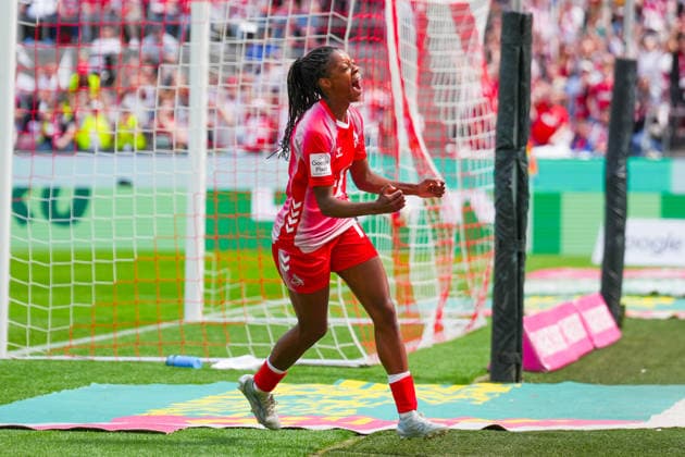 02 05 2026, xydrx, Women, Football, 1 Women Bundesliga, 1 FC Köln SV Werder Bremen, Season 2025 2026, RheinEnergieSTADION Goal celebration after the goal to 1 0 for FC Köln by scorer Lydia Andrade FC Köln, 17 DFB regulations prohibit any use of photographs as image sequences and or quasi video Copyright: HMBxMedia YannisxDreimann