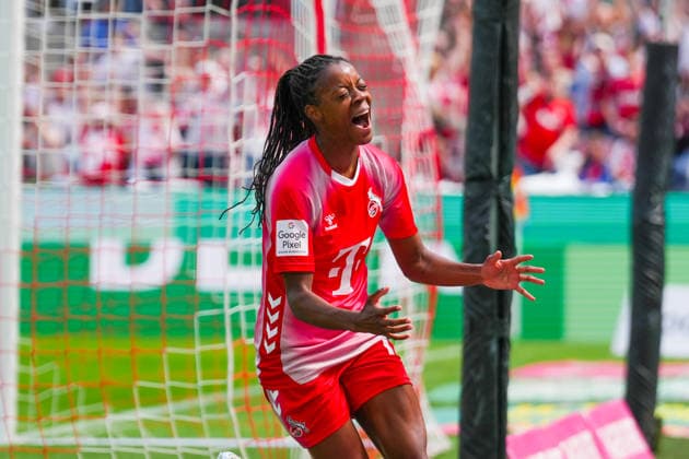 02 05 2026, xydrx, Women, Football, 1 Women Bundesliga, 1 FC Köln SV Werder Bremen, Season 2025 2026, RheinEnergieSTADION Goal celebration after the goal to 1 0 for FC Köln by scorer Lydia Andrade FC Köln, 17 DFB regulations prohibit any use of photographs as image sequences and or quasi video Copyright: HMBxMedia YannisxDreimann