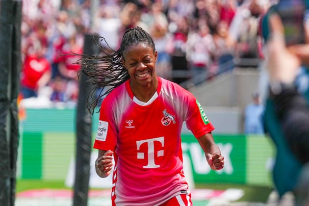 02 05 2026, xydrx, Women, Football, 1 Women Bundesliga, 1 FC Köln SV Werder Bremen, Season 2025 2026, RheinEnergieSTADION Goal celebration after the goal to 1 0 for FC Köln by scorer Lydia Andrade FC Köln, 17 DFB regulations prohibit any use of photographs as image sequences and or quasi video Copyright: HMBxMedia YannisxDreimann