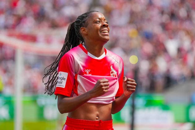 02 05 2026, xydrx, Women, Football, 1 Women Bundesliga, 1 FC Köln SV Werder Bremen, Season 2025 2026, RheinEnergieSTADION Goal celebration after the goal to 1 0 for FC Köln by scorer Lydia Andrade FC Köln, 17 DFB regulations prohibit any use of photographs as image sequences and or quasi video Copyright: HMBxMedia YannisxDreimann