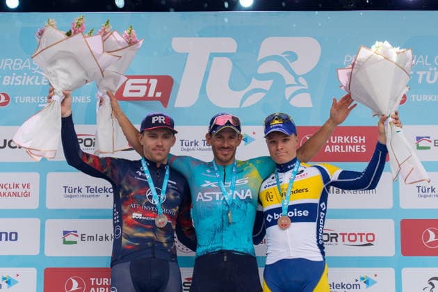 61st Presidential Cycling Tour of Turkiye ANTALYA, TURKIYE - MAY 2: Italian cyclists Davide Ballerini (C) from XDS Astana team takes the first place while Marceli Boguslawski of Poland from the ATT Investments team took second place (L), and Tom Crabbe of Belgium from Team Flanders-Baloise finished third (R) the seventh stage of the Presidential Cycling Tour of Turkiye 2026 (TUR 2026) on the Antalya-Antalya route in Antalya, Turkiye, on May 2, 2026. The race, held for the 61st time, is included in the Union Cycliste Internationale (UCI) Europe Tour calendar and is Turkiye’s only event in the ProSeries category. Ahmet Serdar Eser Anadolu Ankara Turkey. Editorial use only. Please get in touch for any other usage.  Copyright: x2026xAnadoluxAhmetxSerdarxEserx