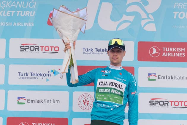 61st Presidential Cycling Tour of Turkiye ANTALYA, TURKIYE - MAY 2: Australian cyclist Sebastian Berwick from Caja Rural-Seguros RGA team seen on the stage at the end of the seventh stage of the Presidential Cycling Tour of Turkiye 2026 (TUR 2026) on the Antalya-Antalya route in Antalya, Turkiye, on May 2, 2026. The race, held for the 61st time, is included in the Union Cycliste Internationale (UCI) Europe Tour calendar and is Turkiye’s only event in the ProSeries category. Ahmet Serdar Eser Anadolu Ankara Turkey. Editorial use only. Please get in touch for any other usage.  Copyright: x2026xAnadoluxAhmetxSerdarxEserx