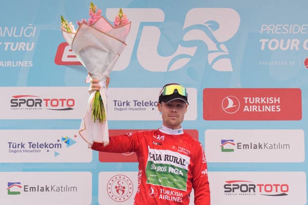 61st Presidential Cycling Tour of Turkiye ANTALYA, TURKIYE - MAY 2: Australian cyclist Sebastian Berwick from Caja Rural-Seguros RGA team seen on the stage at the end of the seventh stage of the Presidential Cycling Tour of Turkiye 2026 (TUR 2026) on the Antalya-Antalya route in Antalya, Turkiye, on May 2, 2026. The race, held for the 61st time, is included in the Union Cycliste Internationale (UCI) Europe Tour calendar and is Turkiye’s only event in the ProSeries category. Ahmet Serdar Eser Anadolu Ankara Turkey. Editorial use only. Please get in touch for any other usage.  Copyright: x2026xAnadoluxAhmetxSerdarxEserx