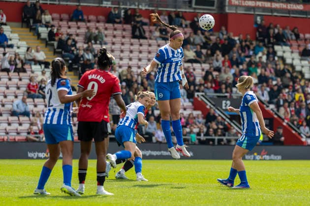 RECORD DATE NOT STATED 2nd May 2026; Leigh Sports Village, Manchester, England; Womens Super League Football, Manchester United, ManU versus Brighton and Hove Albion; Caitlin Hayes of Brighton heads the ball clear TimxWilliams