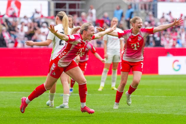 02 05 2026, xydrx, Women, Soccer, 1 Womens Bundesliga, 1 FC Köln SV Werder Bremen, Season 2025 2026, RheinEnergieSTADION Goal celebration after the goal to 3 0 for FC Köln by scorer Sandra Maria Jessen FC Köln, 6 together with Anna Lena Stolze FC Köln, 7 DFB regulations prohibit any use of photographs as image sequences and or quasi video Copyright: HMBxMedia YannisxDreimann