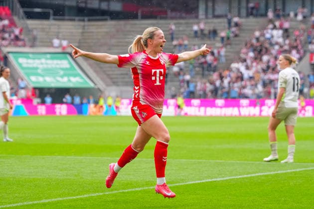 02 05 2026, xydrx, Women, Football, 1 Women Bundesliga, 1 FC Köln SV Werder Bremen, Season 2025 2026, RheinEnergieSTADION Goal celebration after the goal to 3 0 for FC Köln by scorer Sandra Maria Jessen FC Köln, 6 DFB regulations prohibit any use of photographs as image sequences and or quasi video Copyright: HMBxMedia YannisxDreimann