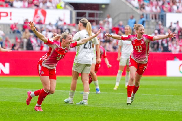 02 05 2026, xydrx, Women, Soccer, 1 Womens Bundesliga, 1 FC Köln SV Werder Bremen, Season 2025 2026, RheinEnergieSTADION Goal celebration after the goal to 3 0 for FC Köln by scorer Sandra Maria Jessen FC Köln, 6 together with Anna Lena Stolze FC Köln, 7 DFB regulations prohibit any use of photographs as image sequences and or quasi video Copyright: HMBxMedia YannisxDreimann