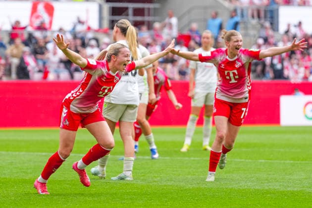 02 05 2026, xydrx, Women, Soccer, 1 Womens Bundesliga, 1 FC Köln SV Werder Bremen, Season 2025 2026, RheinEnergieSTADION Goal celebration after the goal to 3 0 for FC Köln by scorer Sandra Maria Jessen FC Köln, 6 together with Anna Lena Stolze FC Köln, 7 DFB regulations prohibit any use of photographs as image sequences and or quasi video Copyright: HMBxMedia YannisxDreimann