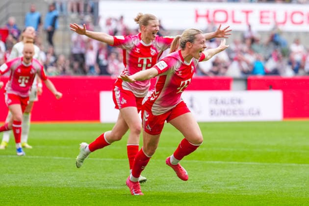 02 05 2026, xydrx, Women, Soccer, 1 Womens Bundesliga, 1 FC Köln SV Werder Bremen, Season 2025 2026, RheinEnergieSTADION Goal celebration after the goal to 3 0 for FC Köln by scorer Sandra Maria Jessen FC Köln, 6 together with Anna Lena Stolze FC Köln, 7 DFB regulations prohibit any use of photographs as image sequences and or quasi video Copyright: HMBxMedia YannisxDreimann