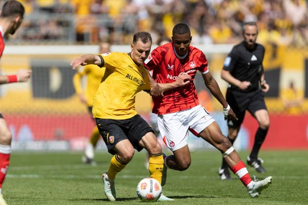 GER, Dresden, Soccer, 2 Bundesliga, Matchday 32, SG Dynamo Dresden vs 1 FC Kaiserslautern pictured from l Jakob Lemmer SG Dynamo Dresden 10 , duel 02 05 2026, Rudolf Harbig Stadion Dresden DFB DFL REGULATIONS PROHIBIT ANY USE OF PHOTOGRAPHS AS IMAGE SEQUENCES AND OR QUASI VIDEO, Copyright: HMBxMedia PaulxFritz