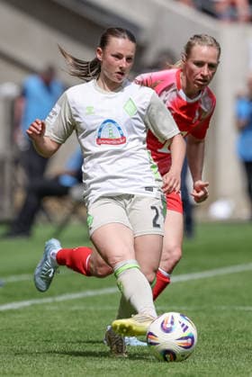 from left Chiara D Angelo SV Werder Bremen, 2 on the ball, single image, full body, action, action, match scene, Pauline Bremer 1 FC Köln, 11 , THE DFB GUIDELINES PROHIBIT ANY USE OF PHOTOGRAPHS AS IMAGE SEQUENCES AND OR QUASI VIDEO DFB REGULATIONS PROHIBIT ANY USE OF PHOTOGRAPHS AS IMAGE SEQUENCES AND OR QUASI VIDEO , 02 05 2026, Cologne Germany , Football, Google Pixel Women Bundesliga, 1 FC Köln SV Werder Bremen xobx