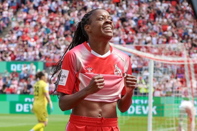 Goalscorer Lydia Andrade 1 FC Köln, 17 with goal celebration, cheering, jubilant, optimistic, game scene, highlight, joy about the goal to 1 0, THE DFB GUIDELINES PROHIBIT ANY USE OF PHOTOGRAPHS AS IMAGE SEQUENCES AND OR QUASI VIDEO DFB REGULATIONS PROHIBIT ANY USE OF PHOTOGRAPHS AS IMAGE SEQUENCES AND OR QUASI VIDEO , 02 05 2026, Cologne Germany , Football, Google Pixel Women Bundesliga, 1 FC Köln SV Werder Bremen xobx