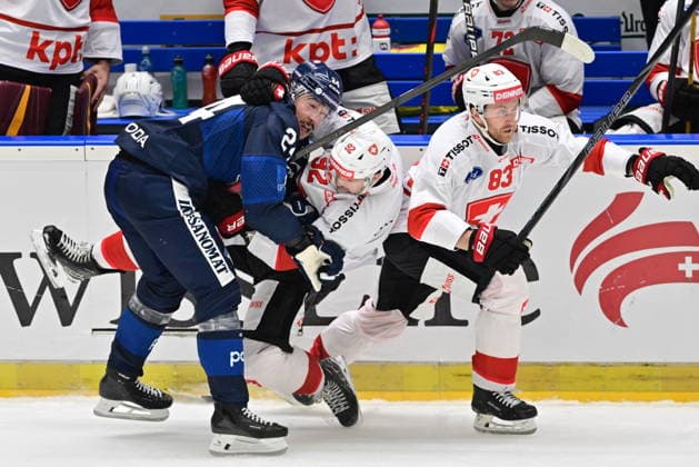 Sport Bilder des Tages Czech Hockey Games, part of Euro Hockey tour series match Switzerland vs Finland in Ceske Budejovice, May 2, 2026. From left Hannes Bjorninen of Finland, Gaetan Haas of Switzerland, Dario Meyer of Switzerland. (CTKxPhoto VaclavxPancer) CTKPhotoP2026050202653  CTKPhotoP2026050202653