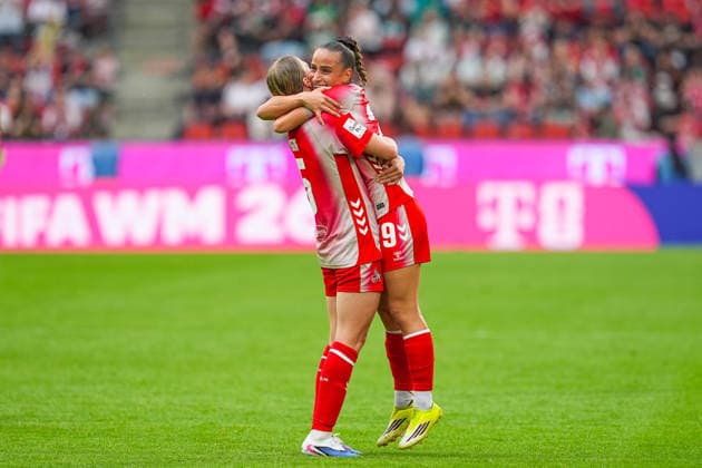 02 05 2026, xydrx, Women, Football, 1 Women Bundesliga, 1 FC Köln SV Werder Bremen, Season 2025 2026, RheinEnergieSTADION Celina Degen FC Köln, 5 and Vanessa Leimenstoll FC Köln, 29 celebrate the 3 0 victory DFB regulations prohibit any use of photographs as image sequences and or quasi video Copyright: HMBxMedia YannisxDreimann