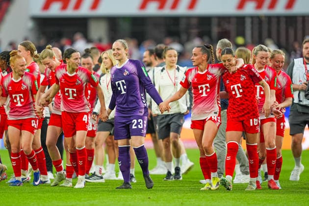 02 05 2026, xydrx, Women, Football, 1 Women Bundesliga, 1 FC Köln SV Werder Bremen, Season 2025 2026, RheinEnergieSTADION Laura Vogt FC Köln, 8 Sara Agrez FC Köln, 4 Aurora Mikalsen FC Köln, 23 Vanessa Leimenstoll FC Köln, 29 Zoe Hasenauer FC Köln, 16 Pauline Bremer FC Köln, 11 celebrate the victory DFB regulations prohibit any use of photographs as image sequences and or quasi video Copyright: HMBxMedia YannisxDreimann