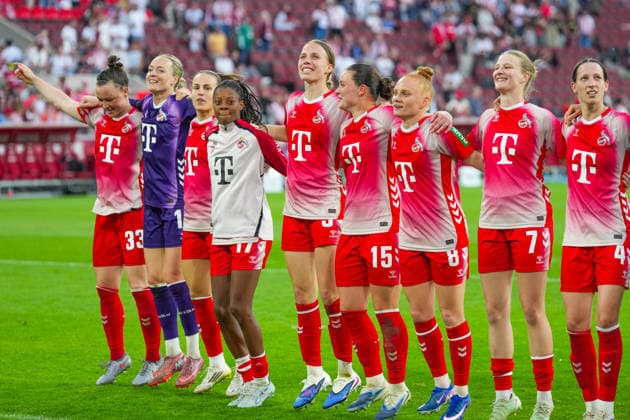 02 05 2026, xydrx, Women, Football, 1 Women Bundesliga, 1 FC Köln SV Werder Bremen, Season 2025 2026, RheinEnergieSTADION Marina Hegering FC Köln, 33 Lisa Schmitz FC Köln, 1 Lydia Andrade FC Köln, 17 Amelie Bohnen FC Köln, 15 Laura Vogt FC Köln, 8 Anna Lena Stolze FC Köln, 7 Sara Agrez FC Köln, 4 bejubeln den 3 0 Sieg DFB regulations prohibit any use of photographs as image sequences and or quasi video Copyright: HMBxMedia YannisxDreimann