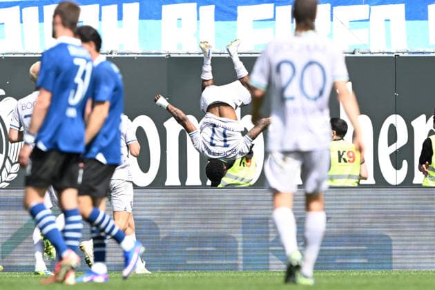 2 Bundesliga 25 26 Arminia Bielefeld VfL Bochum on 02 05 2026 at SchücoArena in Bielefeld Cheering, goal celebration, goal scorer, goal scorer Moritz Kwarteng Bochum cheers after his goal for 1 1 MT