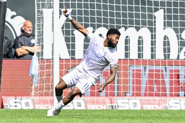 2 Bundesliga 25 26 Arminia Bielefeld VfL Bochum on 02 05 2026 at SchücoArena in Bielefeld Cheering, goal celebration, goal scorer, goal scorer Moritz Kwarteng Bochum cheers after his goal for 1 1 MT