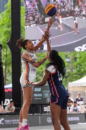 (260502) -- CHENGDU, May 2, 2026 -- Ama Degbeon (L) of Germany competes during the final match between Germany and the United States at the FIBA 3x3 Women s Series Chengdu Stop 2026 in Chengdu, southwest China s Sichuan Province, May 2, 2026. ) (SP)CHINA-CHENGDU-FIBA 3X3 WOMEN S SERIES CHENGDU STOP (CN) WangxXi 