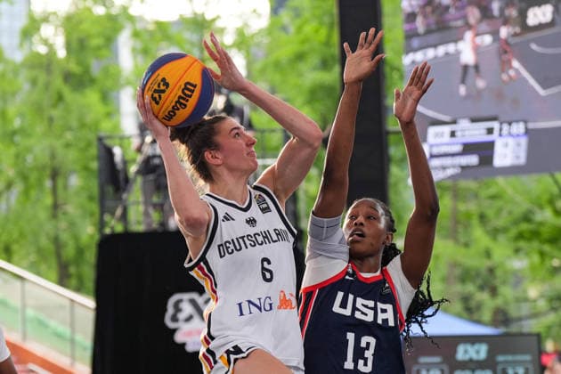 (260502) -- CHENGDU, May 2, 2026 -- Marie Reichert (L) of Germany competes during the final match between Germany and the United States at the FIBA 3x3 Women s Series Chengdu Stop 2026 in Chengdu, southwest China s Sichuan Province, May 2, 2026. ) (SP)CHINA-CHENGDU-FIBA 3X3 WOMEN S SERIES CHENGDU STOP (CN) WangxXi 