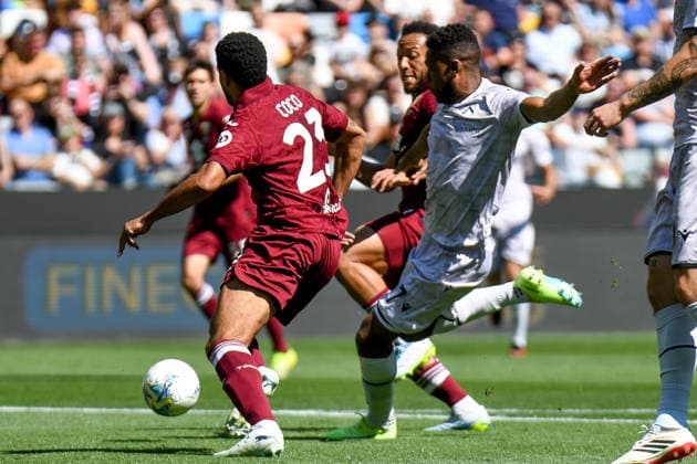 May 2, 2026, Udine: Udinese s Christian Kabasele tries to score hidered by Torino s Saul Coco during the italian soccer Serie A match between Udinese Calcio vs Torino FC on 02 May 2026 at the Bluenergy stadium in Udine, Italy. ANSA . Soccer: Serie A; Udinese Vs Torino  - ZUMAa110 20260502_zaf_a110_003 Copyright: xEttorexGriffonix