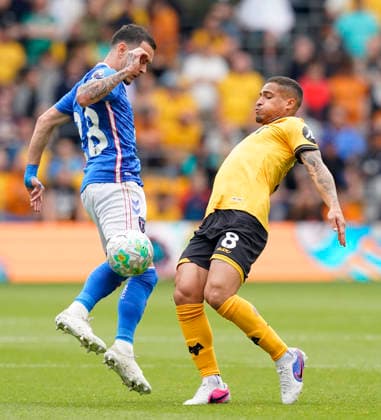 Wolverhampton, England, 2nd May 2026. Joao Gomes of Wolverhampton Wanderers (R) is challenged by Enzo Le Fee of Sunderland during the Wolverhampton Wanderers vs Sunderland Premier League match at Molineux, Wolverhampton. Picture credit should read: Andrew Yates Sportimage EDITORIAL USE ONLY. No use with unauthorised audio, video, data, fixture lists, club league logos or live services. Online in-match use limited to 120 images, no video emulation. No use in betting, games or single club league player publications. SPI_014_AY_WOLVES_SUNDERLAND SPI-4772-0014