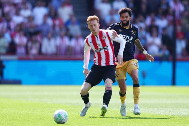 London, England, 2nd May 2026. Sepp van den Berg of Brentford and Pablo of West Ham United challenge for the ball during the Brentford vs West Ham United Premier League match at Gtech Community Stadium, London. Picture credit should read: Paul Terry Sportimage EDITORIAL USE ONLY. No use with unauthorised audio, video, data, fixture lists, club league logos or live services. Online in-match use limited to 120 images, no video emulation. No use in betting, games or single club league player publications. SPI_008_PT_Brentford_West_Ham SPI-4773-0008