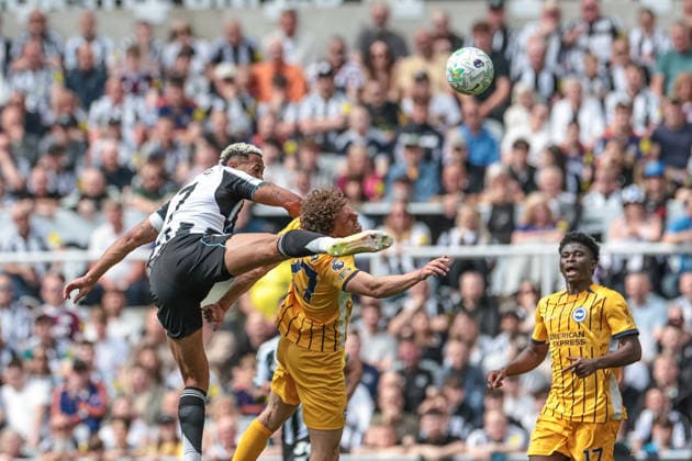 Premier League: Newcastle Untied v Brighton & Hove Albion Dan Burn of Newcastle United jumps up to win the high ball from Mats Wieffer of Brighton & Hove Albion during the Premier League match Newcastle Untied vs Brighton & Hove Albion at St. James s Park, Newcastle, United Kingdom on 02 May 2026 (Photo by Mark Cosgrove News Images) Newcastle St. James s Park Tyne and Wear United Kingdom Copyright: xMarkxCosgrove NewsxImagesx