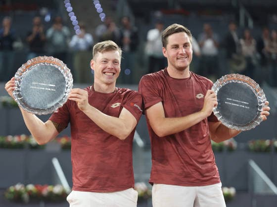 Alberto Simon Harri Heliovaara and Henry Patten pose with the winners trophies during the awards ceremony for the mens doubles final of the Mutua Madrid Open tennis tournament at the Caja Magica in Madrid on May 2, 2026. Copyright: xALBERTOxSIMONx AgenciaxLOFx