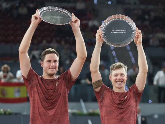 Alberto Simon Harri Heliovaara and Henry Patten pose with the winners trophies during the awards ceremony for the mens doubles final of the Mutua Madrid Open tennis tournament at the Caja Magica in Madrid on May 2, 2026. Copyright: xALBERTOxSIMONx AgenciaxLOFx
