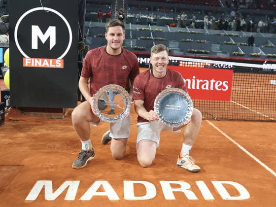 Alberto Simon Harri Heliovaara and Henry Patten pose with the winners trophies during the awards ceremony for the mens doubles final of the Mutua Madrid Open tennis tournament at the Caja Magica in Madrid on May 2, 2026. Copyright: xALBERTOxSIMONx AgenciaxLOFx