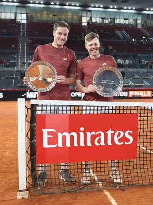 Alberto Simon Harri Heliovaara and Henry Patten pose with the winners trophies during the awards ceremony for the mens doubles final of the Mutua Madrid Open tennis tournament at the Caja Magica in Madrid on May 2, 2026. Copyright: xALBERTOxSIMONx AgenciaxLOFx