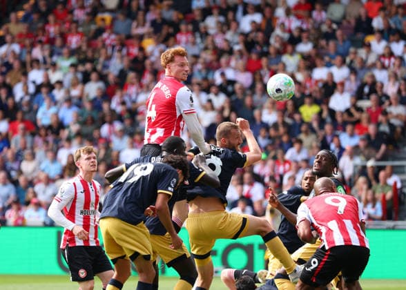 2nd May 2026; Gtech Community Stadium, Brentford, London, England; Premier League Football, Brentford versus West Ham United; Sepp van den Berg of Brentford heads the ball from a Brentford cross JPxFletcher