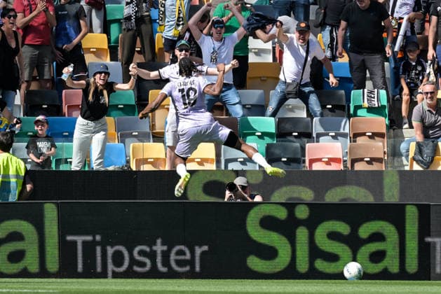 CALCIO - Serie A - Udinese Calcio vs Torino FC Udinese s Kingsley Ehizibue celebrates after scoring a goal during Udinese Calcio vs Torino FC, Italian soccer Serie A match in Udine, Italy, May 02 2026 Udine Italy  Copyright: xIPAxSport ABACAx