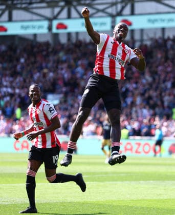 London, England, 2nd May 2026. Michael Kayode of Brentford celebrates after scoring to make it 1-0 during the Brentford vs West Ham United Premier League match at Gtech Community Stadium, London. Picture credit should read: Paul Terry Sportimage EDITORIAL USE ONLY. No use with unauthorised audio, video, data, fixture lists, club league logos or live services. Online in-match use limited to 120 images, no video emulation. No use in betting, games or single club league player publications. SPI_019_PT_Brentford_West_Ham SPI-4773-0017